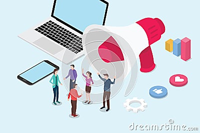 Isometric social media marketing concept business with team people and megaphone or loudspeaker - vector Cartoon Illustration