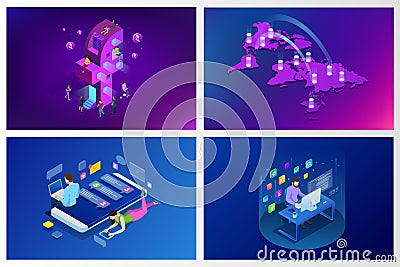 Isometric social media or social network concept. People using a smart phone, tablet and laptop for working or playing Vector Illustration