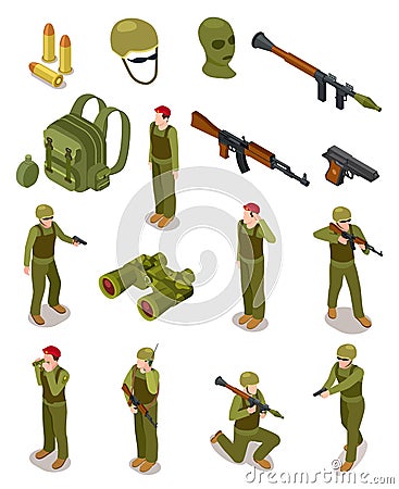 Isometric soldiers. Military special forces, warriors in army uniform, ammunition and weapons. 3d isolated vector set Vector Illustration