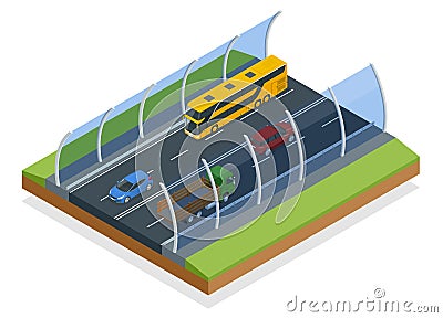 Isometric sound-absorbing tunnel isolated on white. Expressway equipped with sound-absorbing screens. Vector Illustration