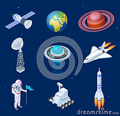 Isometric spaceships. Space satellite rocket telescope globe spaceman astronaut. Missile spacecraft 3d isolated vector Vector Illustration