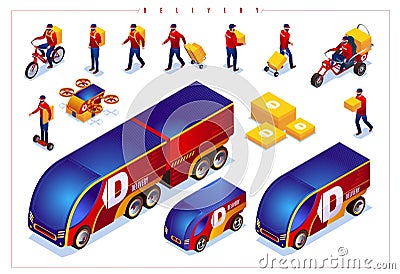 Isometric special delivery vehicles and couriers icon, set on isolated background Vector Illustration