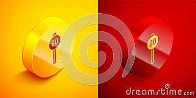 Isometric Speed limit traffic sign 60 km icon isolated on orange and red background. Circle button. Vector Vector Illustration