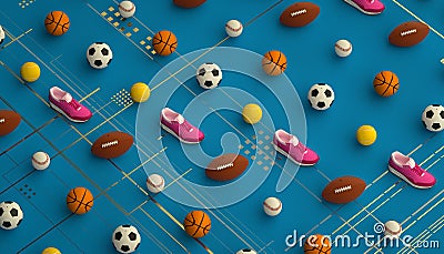 Isometric sports fitness background made of soccer, football, tennis, baseball balls and colorful running sneakers. 3d Cartoon Illustration
