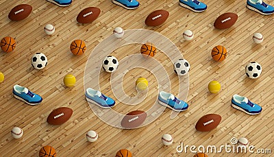 Isometric sports fitness background made of soccer, football, tennis, baseball balls and colorful running sneakers. 3d Cartoon Illustration