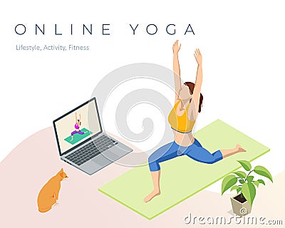 Isometric sporty young woman doing yoga practice. Fitness instructor taking online yoga classes over a video call in Vector Illustration