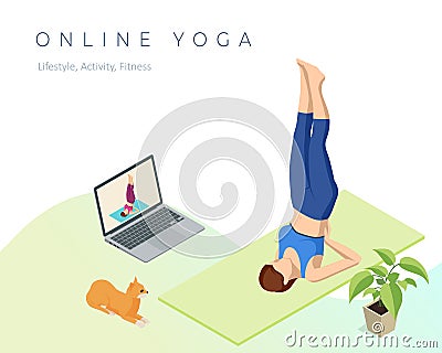 Isometric sporty young woman doing yoga practice. Fitness instructor taking online yoga classes over a video call in Vector Illustration