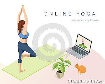 Isometric sporty young woman doing yoga practice. Fitness instructor taking online yoga classes over a video call in Vector Illustration