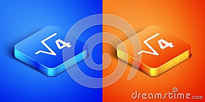 Isometric Square root of 4 glyph icon isolated on blue and orange background. Mathematical expression. Square button Vector Illustration