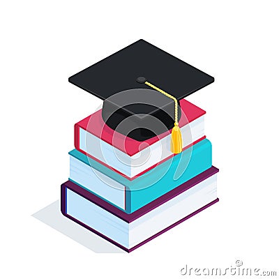 Isometric stack of books with a graduate cap. Vector Illustration