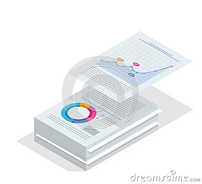 Isometric stack of documents. Bureaucracy concept. Data Analysis, Business Statistic, Management, Consulting, Marketing. Vector Illustration