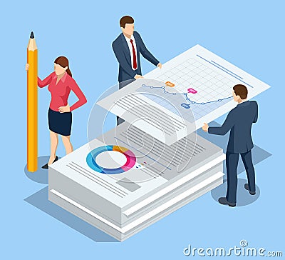 Isometric stack of documents. Bureaucracy concept. Data Analysis, Business Statistic, Management, Consulting, Marketing. Vector Illustration