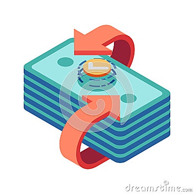 Isometric Stack of Money with Exchange Arrow Vector Illustration