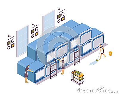 Isometric staff cleaning in the capsule hotel. Maids wash the floor, wipes the dust isolated on white background interior scene Stock Photo