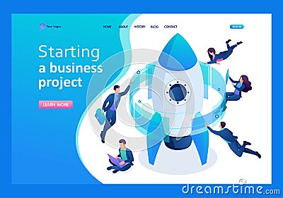 Isometric start up a business project, working on a virtual screen. Landing page concepts and web design Vector Illustration