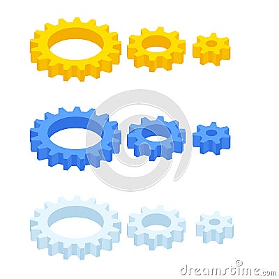 Isometric ste of gears and cogs isolated on white. Vector Illustration