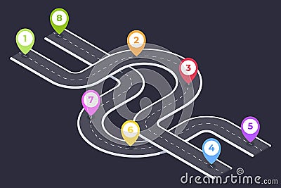 Isometric 8 steps timeline navigation. Winding roadmap pathway, road infographic, city map timeline road 3d vector illustration on Vector Illustration