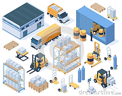Isometric storage buildings, cargo trucks and warehouse workers. Industrial warehouse equipment, logistic delivery Vector Illustration