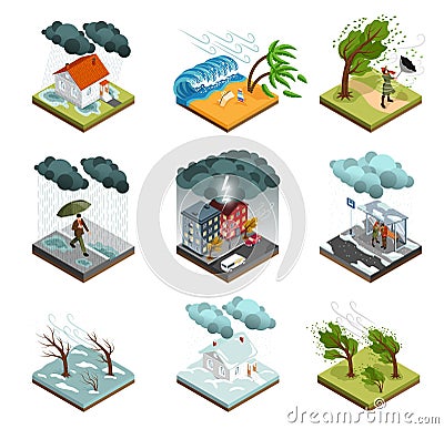 Isometric Storm Weather Icon Set Vector Illustration
