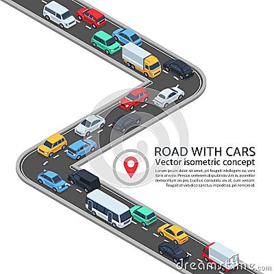 Isometric street with cars. 3d highway and vehicles vector concept Vector Illustration