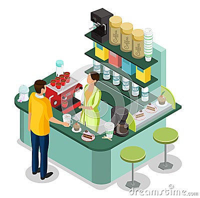 Isometric Street Coffee Stall Concept Vector Illustration