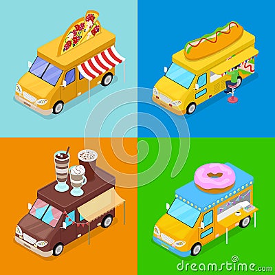 Isometric Street Food Trucks with Pizza, Cafe, Hot Dog and Donuts Vector Illustration