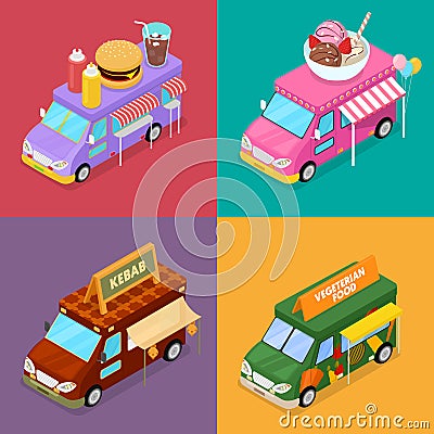 Isometric Street Food Trucks with Vegeterian Food, Burger, Kebab and Ice Cream Cafe Vector Illustration