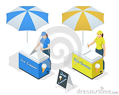 Isometric Street Ice Cream Cart with Awning. Ice Cream Cart Sweet Frozen Food Kiosk. Ice Cream Cool Cart Summer Shop Vector Illustration