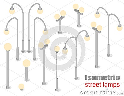 Isometric street lamps set. Vector Illustration