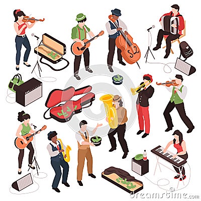 Isometric Street Musician Set Vector Illustration