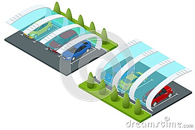 Isometric street roof of outdoor parking lot. Outdoor of parking garage with car and vacant parking lot in parking Vector Illustration