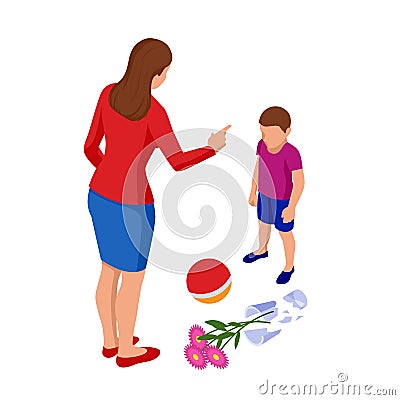 Isometric Strict mother scolds her son for a broken vase while playing football. The boy pleads guilty. Misbehavior and Vector Illustration