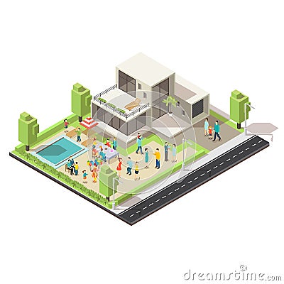 Isometric Suburban Villa Party Concept Vector Illustration