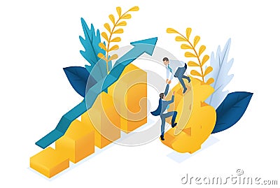 Isometric success of investments, businessmen successfully invest money. Concept for web design Vector Illustration