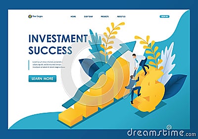 Isometric success of investments, businessmen successfully invest money. Template landing page Vector Illustration
