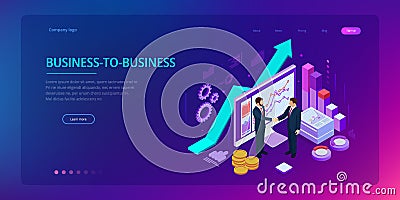 Isometric Successful business collaboration. Businessmen shaking hands. B2B. Data and key performance indicators for Vector Illustration