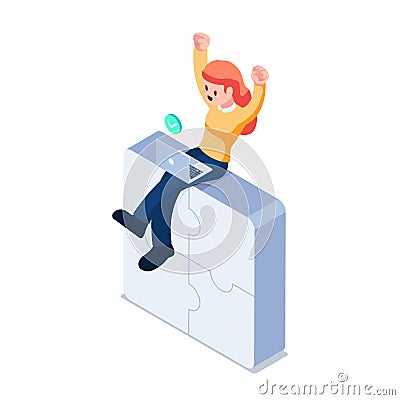 Isometric Successful Business Woman with Arms Up Sitting on Jigsaw Puzzles Vector Illustration