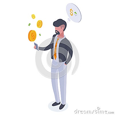 Isometric successful businessman. Money investment, profit strategy, financial analysis and money savings concept flat vector Vector Illustration