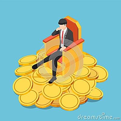 Isometric successful businessman sitting on throne atop gold coin Vector Illustration