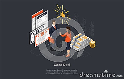 Isometric Successful Deal Concept. People Are Shaking Hands in Agreement After The Deal On The Securities and Stacks of Vector Illustration