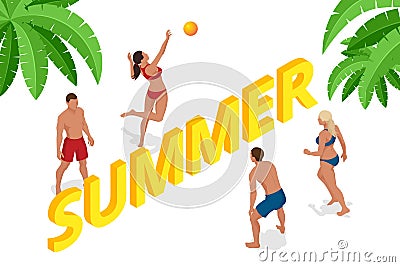 Isometric summer beach volleyball concept. Group of friends playing beach volley. Summer beach activities. Vector Illustration