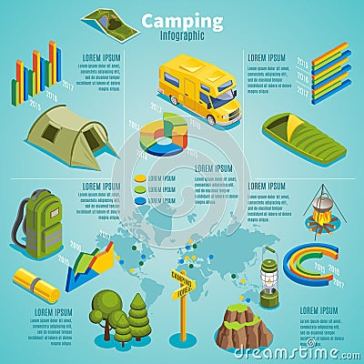 Isometric Summer Camping Infographic Template Vector Illustration