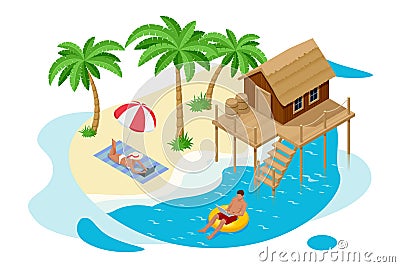 Isometric Summer Vacation concept. Summer time. Luxury overwater thatched roof bungalow in a honeymoon vacation resort Vector Illustration