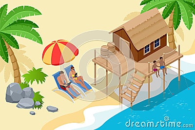 Isometric Summer Vacation concept. Summer time. Luxury overwater thatched roof bungalow in a honeymoon vacation resort Vector Illustration