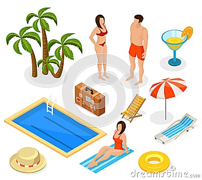 Isometric Summer Vacation Elements Set Vector Illustration