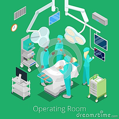 Isometric Surgery Operating Room with Doctors on Operation Process Vector Illustration