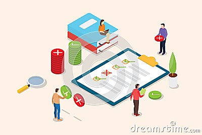 Isometric survey people on the clipboard with checklist and magnifying glass - vector Cartoon Illustration