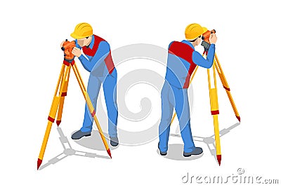 Isometric surveying measuring equipment level theodolite on tripod isolated on white background. Professional engineer Vector Illustration