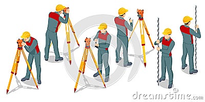 Isometric surveying measuring equipment level theodolite on tripod isolated on white background. Professional engineer Vector Illustration