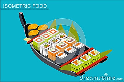 Isometric sushi set. Japanese seafood vector. Flat illustration. Vector Illustration
